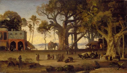 Scena al chiaro di luna con figure indiane ed elefanti tra alberi di banyan, India settentrionale (probabilmente Lucknow)